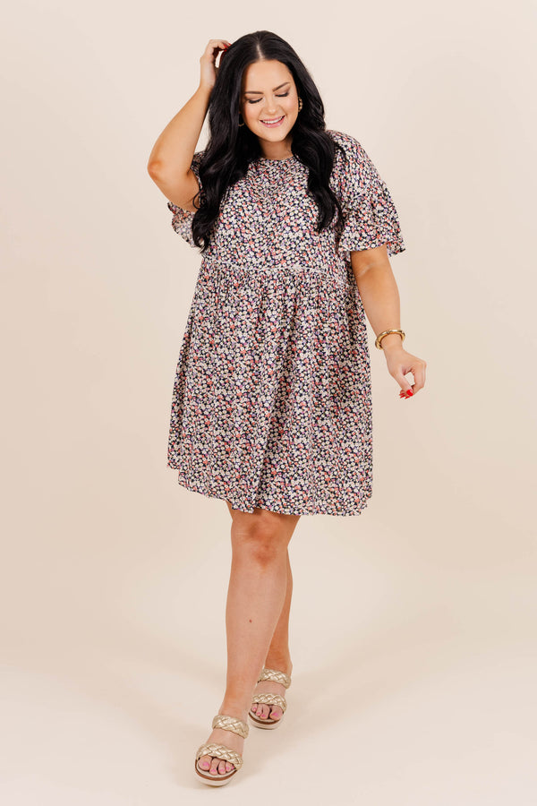 Chic Soul plus size clothing, black mini dress with floral print with short ruffle sleeves