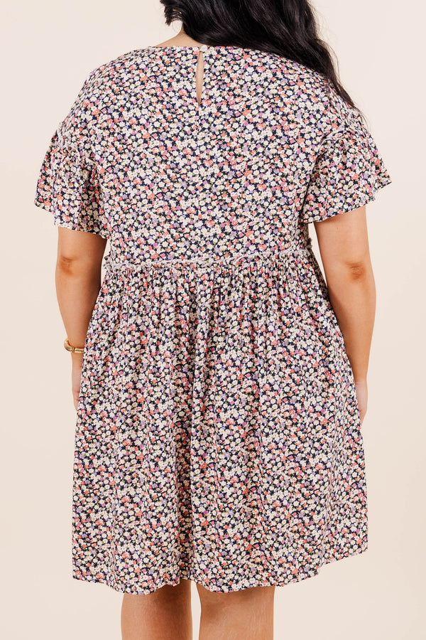 Chic Soul plus size clothing, black mini dress with floral print with short ruffle sleeves