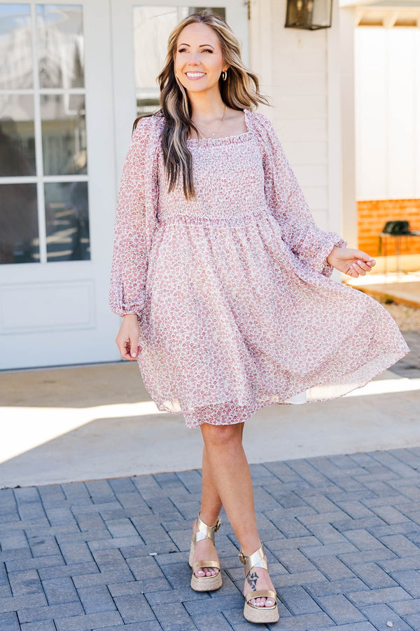 Chic Soul plus size clothing, rose floral print dress with long balloon sleeves and smocked top