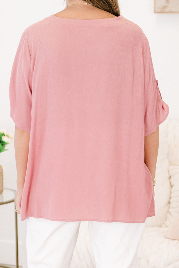 Chic Soul plus size clothing, mauve short sleeve button up top with v neckline and cuffed button sleeves