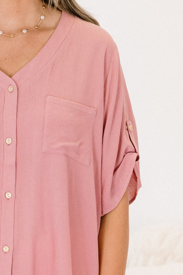 Chic Soul plus size clothing, mauve short sleeve button up top with v neckline and cuffed button sleeves
