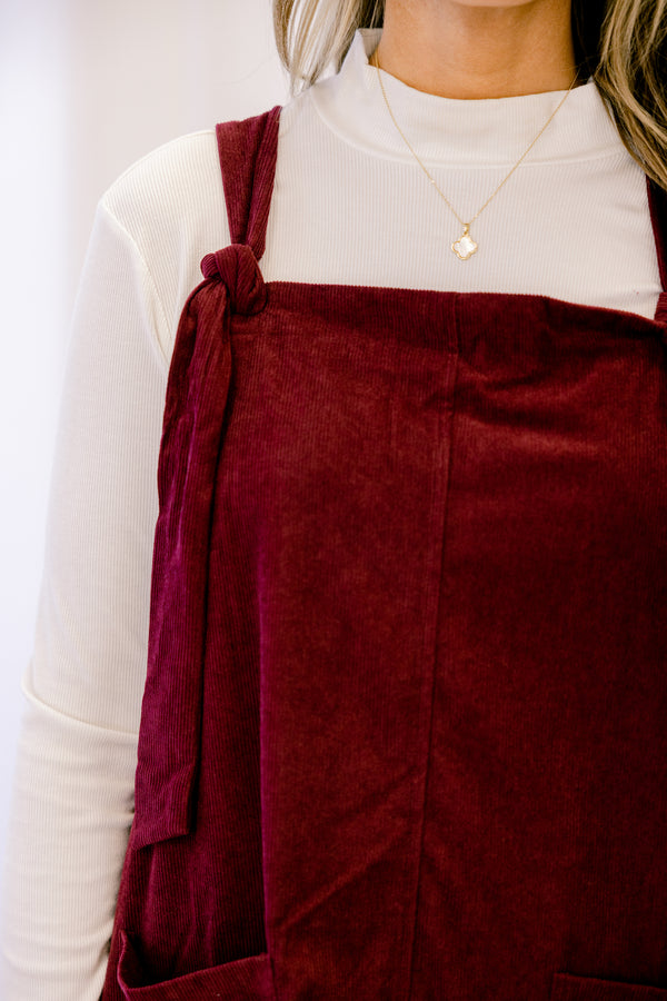 Chic Soul plus size clothing, dark red short sleeveless dress with straps that tie as knots on the shoulders and 2 pockets on the front 