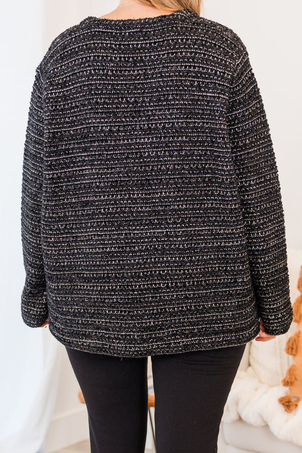 Chic Soul plus size clothing, long-sleeve black wool cardigan with silver button details and pockets with abstract striped pattern