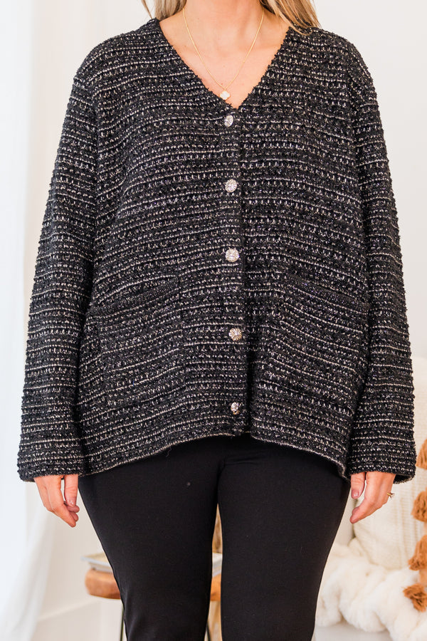 Chic Soul plus size clothing, long-sleeve black wool cardigan with silver button details and pockets with abstract striped pattern