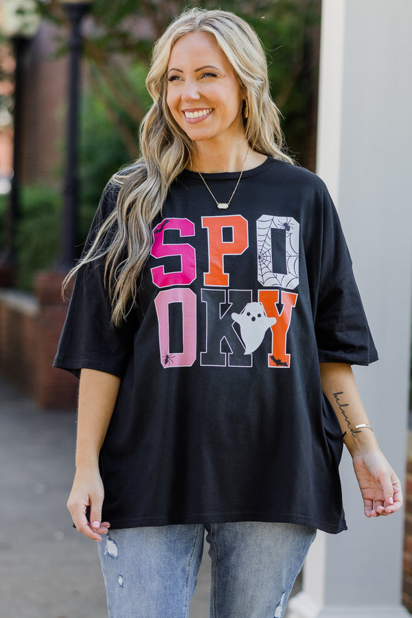 Chic Soul plus size clothing, black short sleeve boyfriend tee with 