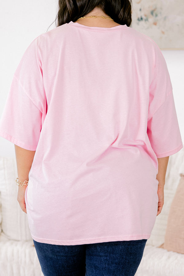 Chic Soul plus size clothing, cream pink half sleeve crewneck tee with text graphic that says 
