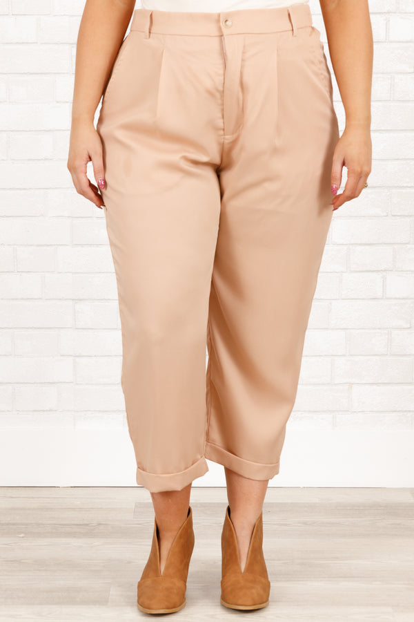 Chic Soul plus size clothing, beige ankle length pants with pleated pattern and cuffed hems