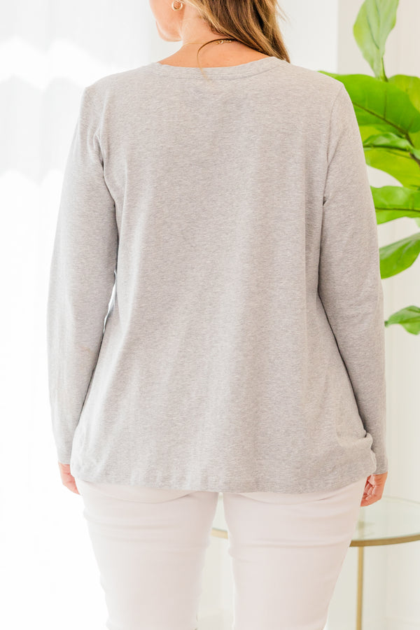 Chic Soul plus size clothing, long sleeve heather grey top with scoop-neckline