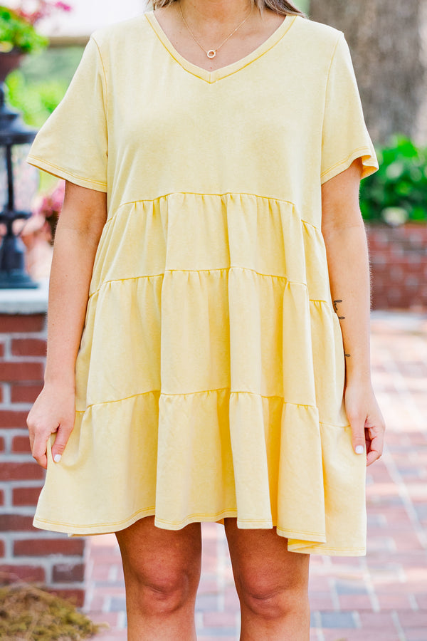 Chic Soul plus size clothing, short sleeve yellow baby doll dress with ruffles and v-neckline