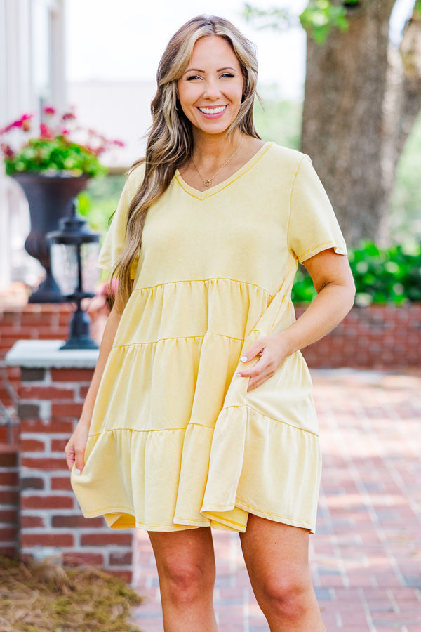 Chic Soul plus size clothing, short sleeve yellow baby doll dress with ruffles and v-neckline