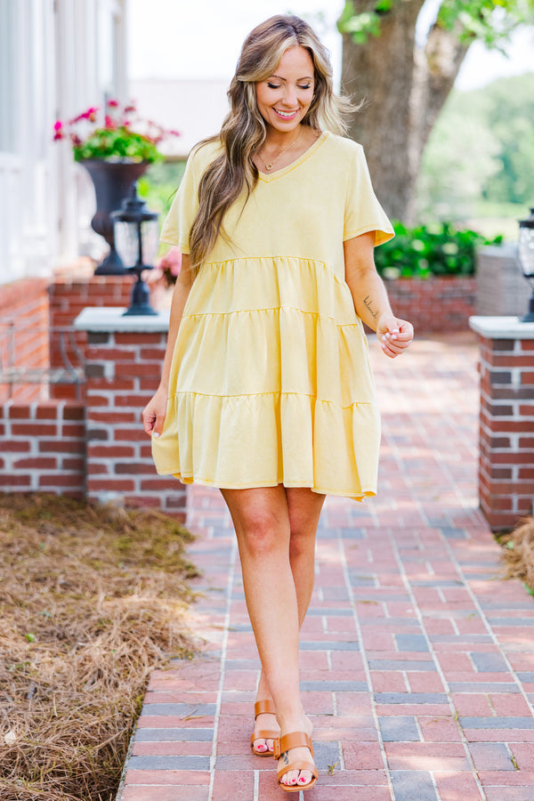 Chic Soul plus size clothing, short sleeve yellow baby doll dress with ruffles and v-neckline