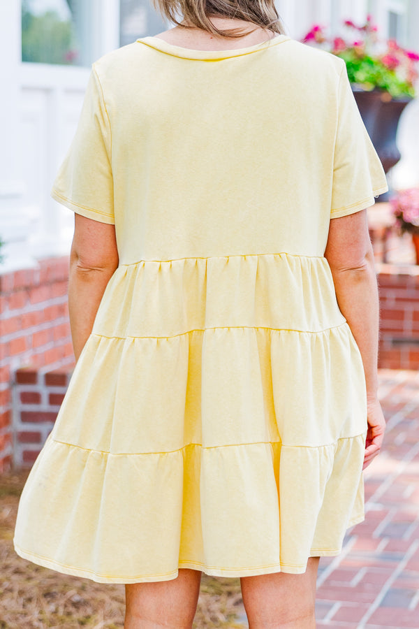 Chic Soul plus size clothing, short sleeve yellow baby doll dress with ruffles and v-neckline