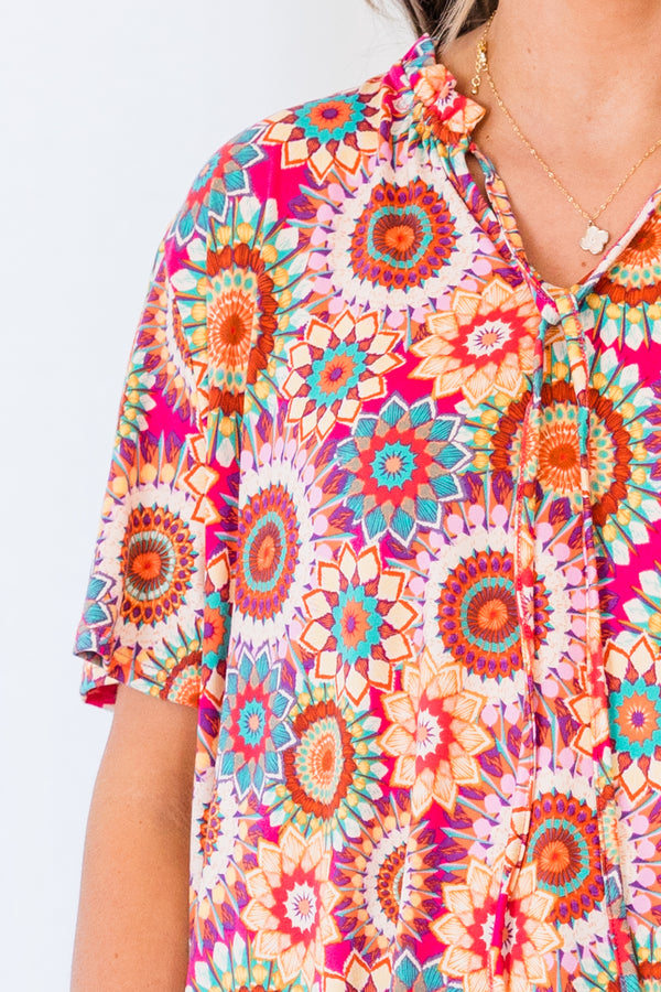 Plus Size fuchsia v-neck top with a vibrant floral mandala print and short sleeves.