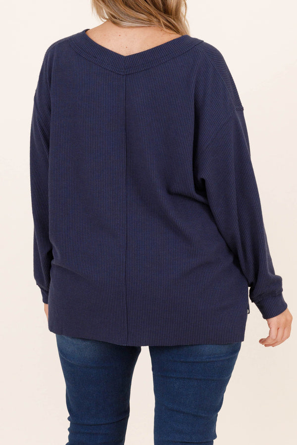 Chic Soul plus size clothing, navy colored textured pullover with a slight v neck