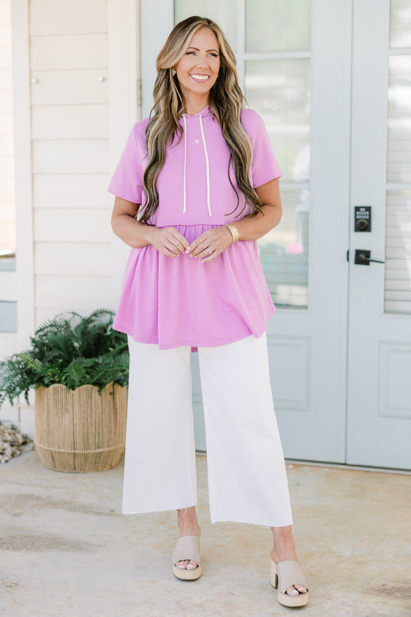 Chic Soul plus size clothing, dusty purple short sleeve hoodie top with drawstring hoodie detail
