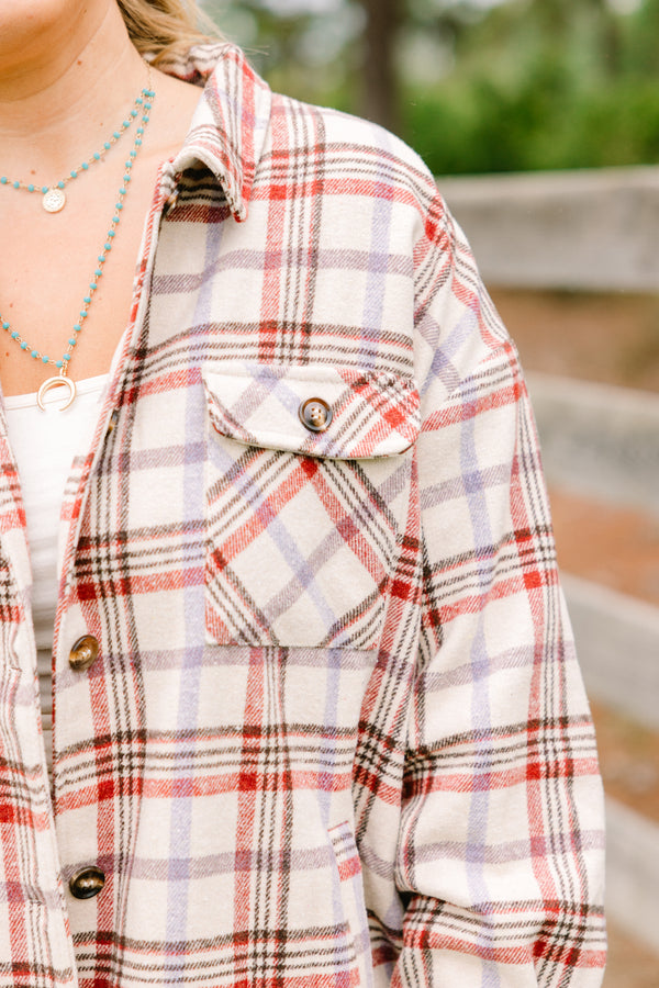 Chic Soul plus size clothing, white flannel with a natural brick colored plaid pattern throughout and two front pockets  