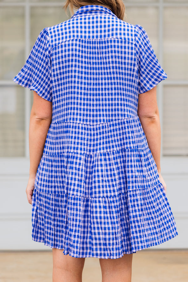 Chic Soul plus size clothing, colbat blue and white gingham patterned tiered dress with a collar and buttons on the neckline