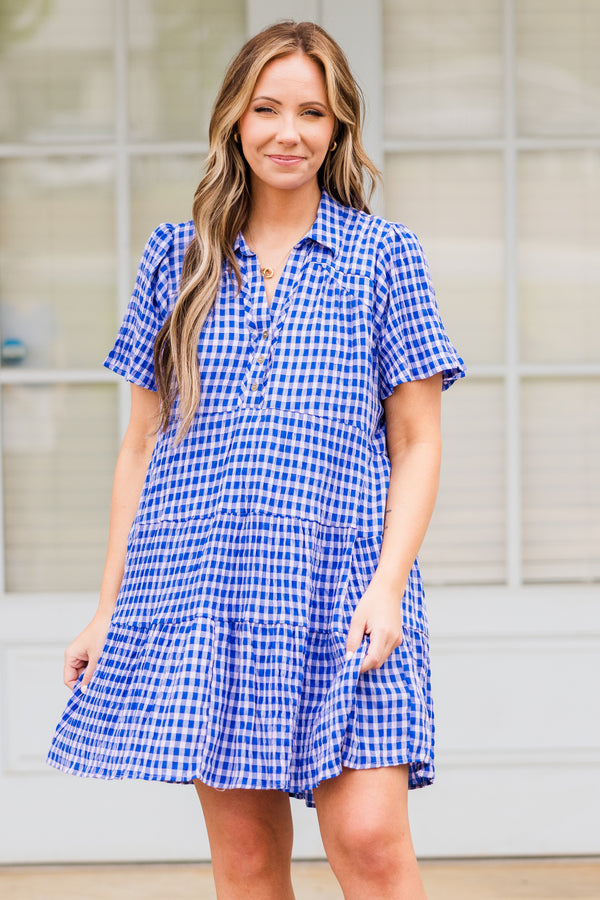 Chic Soul plus size clothing, colbat blue and white gingham patterned tiered dress with a collar and buttons on the neckline