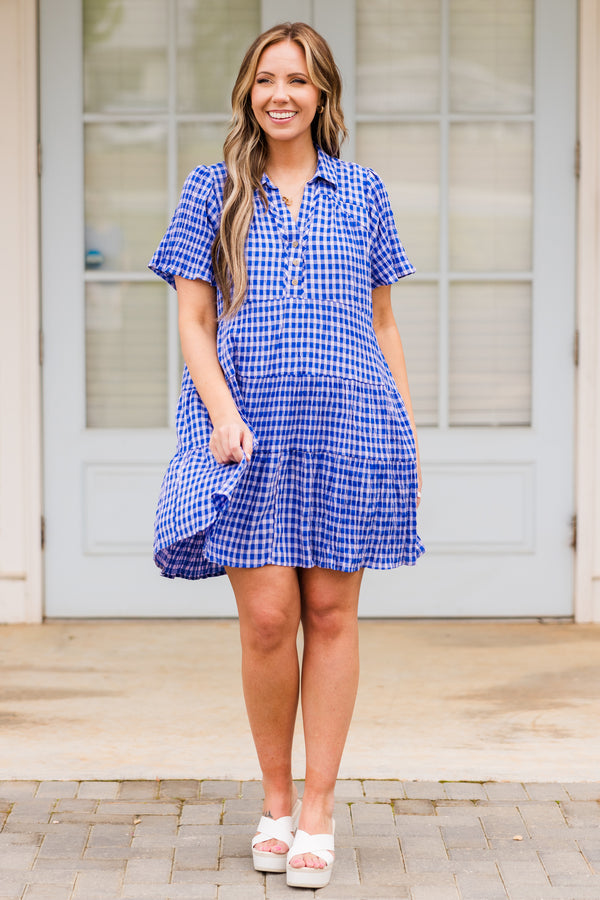 Chic Soul plus size clothing, colbat blue and white gingham patterned tiered dress with a collar and buttons on the neckline
