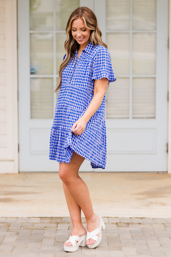Chic Soul plus size clothing, colbat blue and white gingham patterned tiered dress with a collar and buttons on the neckline