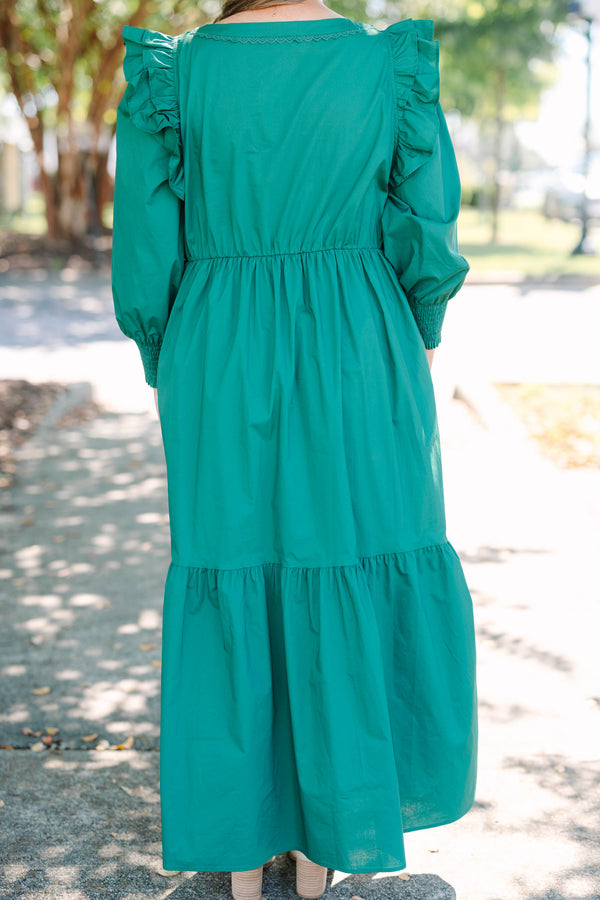 Chic Soul plus size clothing, green long sleeve maxi dress with tiered detail and v cutout along neckline with smocked cuff sleeves with ruffle detail on shoulders 