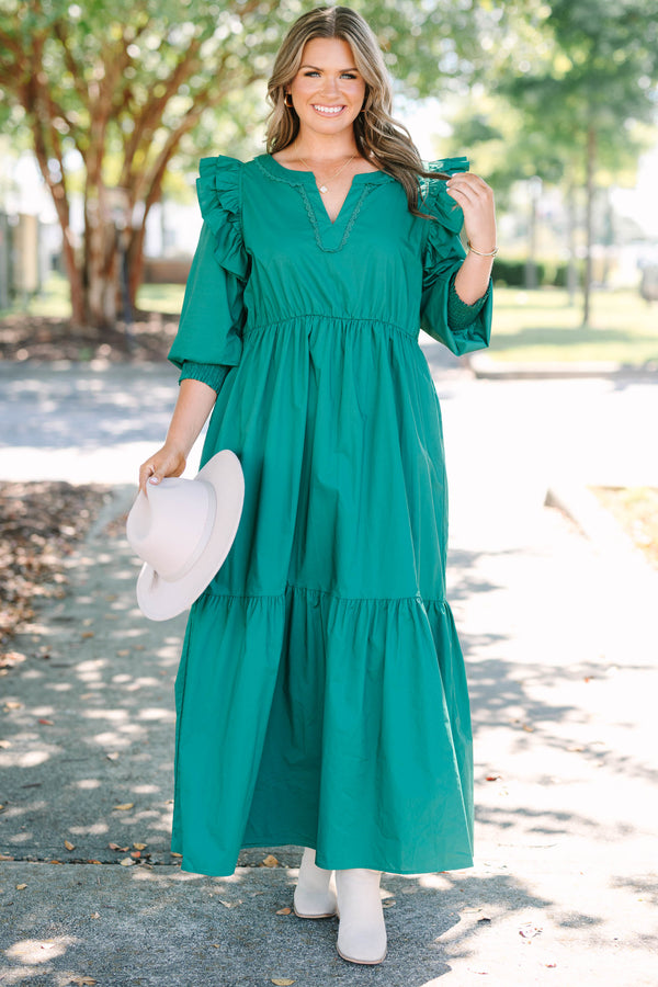 Chic Soul plus size clothing, green long sleeve maxi dress with tiered detail and v cutout along neckline with smocked cuff sleeves with ruffle detail on shoulders 