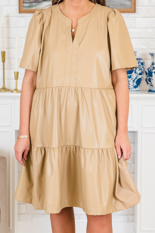Chic Soul plus size clothing, tan short sleeve mini dress with tiered detail with v cutout along neckline with puff sleeve detail