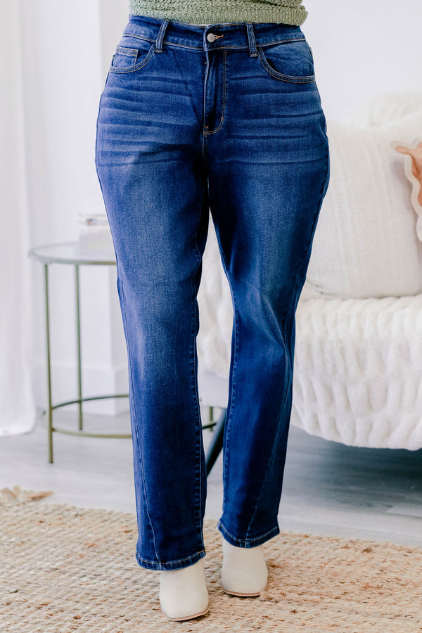 Chic Soul plus size clothing, medium wash high rise slightly flared jeans with a finished hem