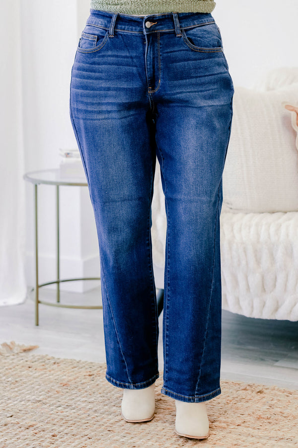 Chic Soul plus size clothing, medium wash high rise slightly flared jeans with a finished hem