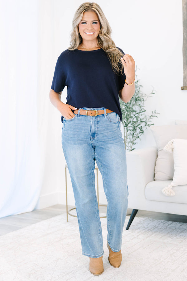 High Rise Tummy Control Contrast Wash Straight Jeans in medium wash
