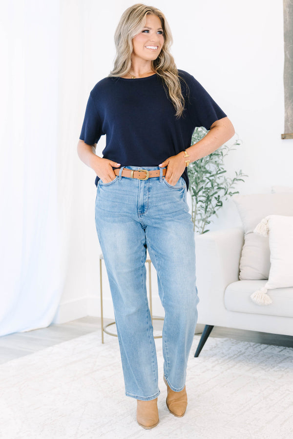 High Rise Tummy Control Contrast Wash Straight Jeans in medium wash