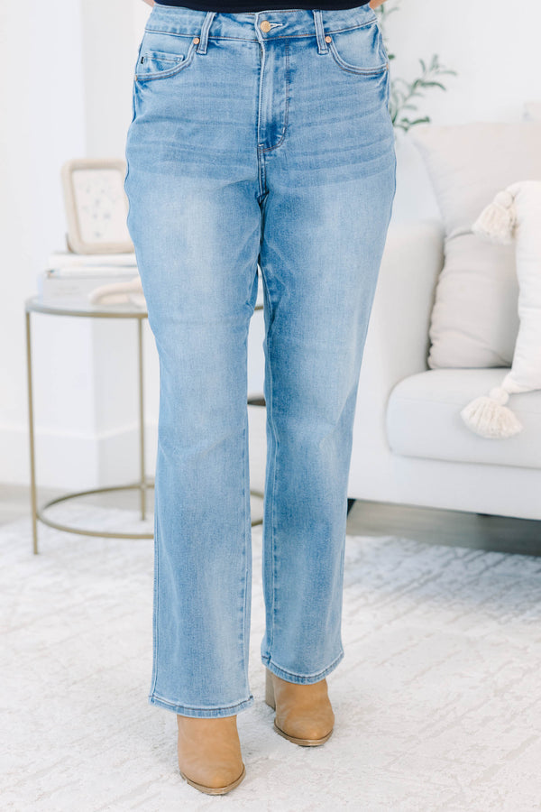 High Rise Tummy Control Contrast Wash Straight Jeans in medium wash