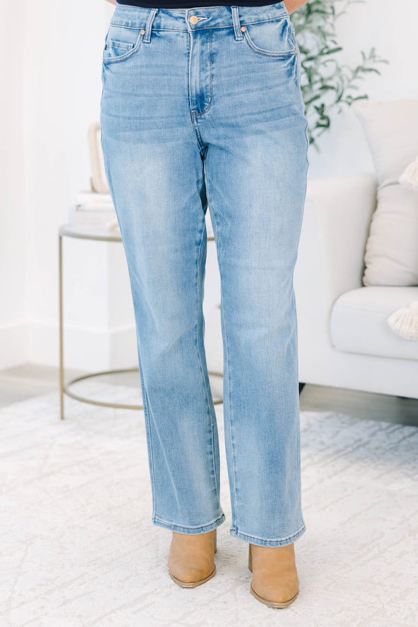 High Rise Tummy Control Contrast Wash Straight Jeans in medium wash