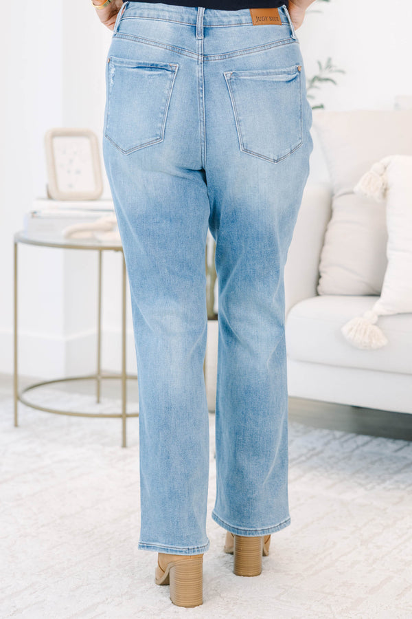 High Rise Tummy Control Contrast Wash Straight Jeans in medium wash