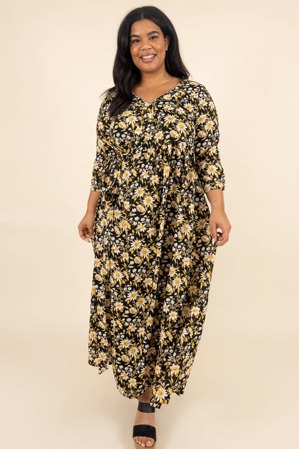 Chic Soul plus size clothing, black and yellow floral patterned maxi dress