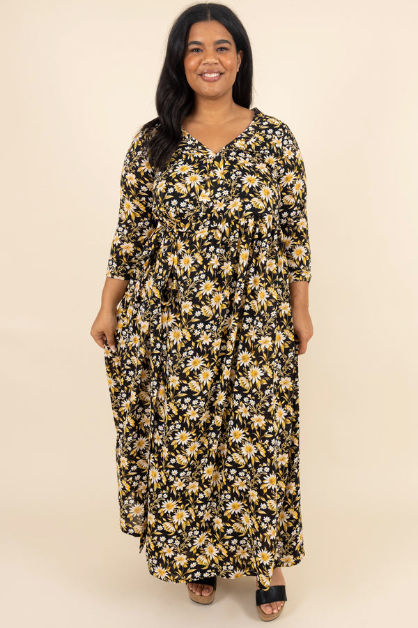 Chic Soul plus size clothing, black and yellow floral patterned maxi dress