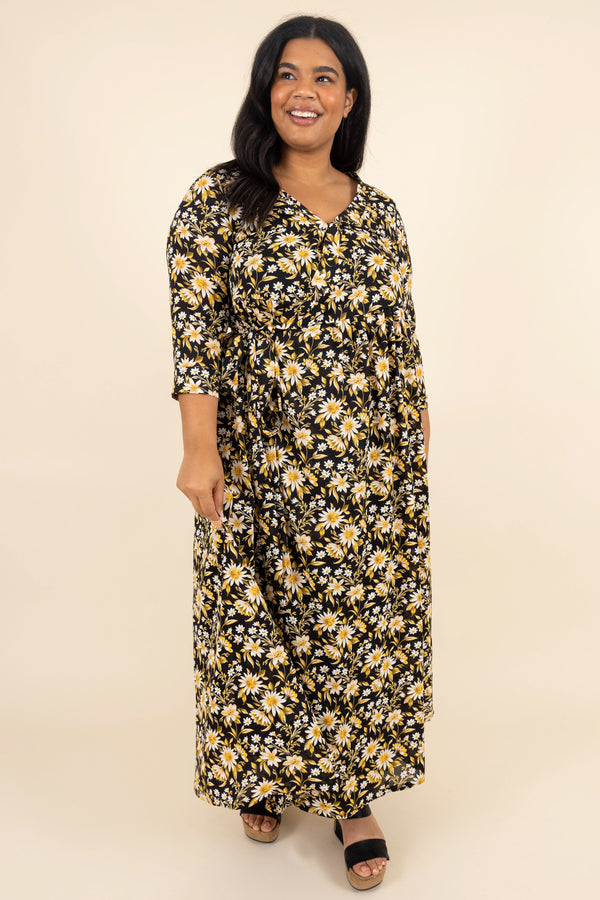 Chic Soul plus size clothing, black and yellow floral patterned maxi dress