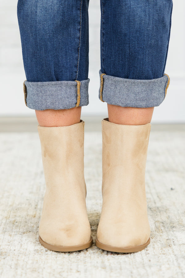 Chic Soul plus size clothing, camel tan brown chelsea booties with light brown wedge heel