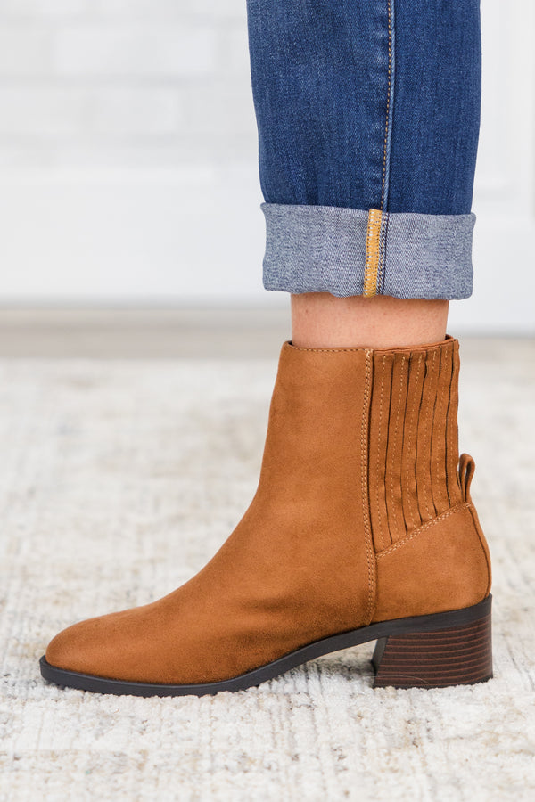 Chic Soul plus size clothing, russet copper brown chelsea booties with a black wedge heel