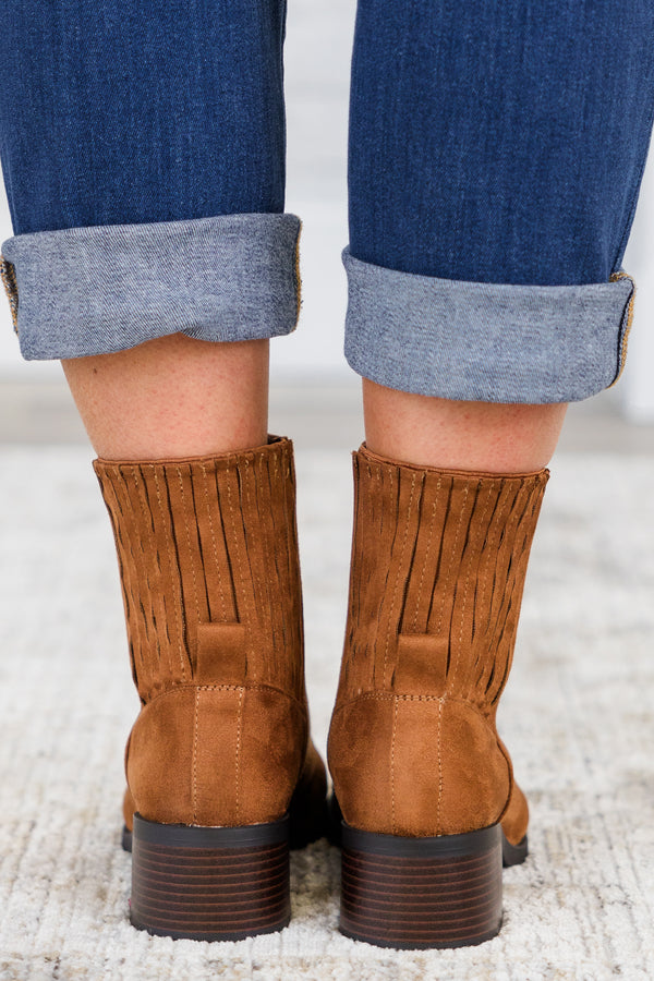 Chic Soul plus size clothing, russet copper brown chelsea booties with a black wedge heel