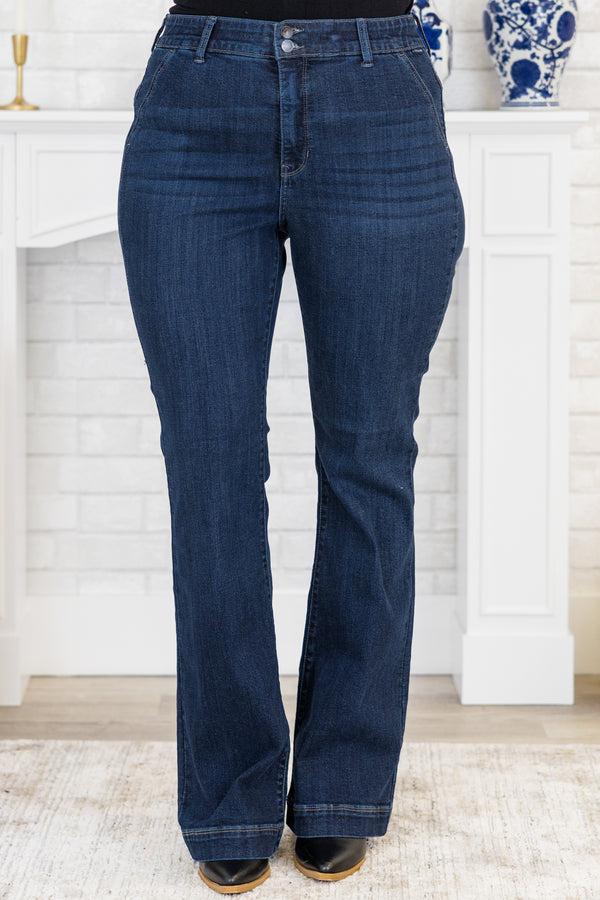 Chic Soul plus size clothing, flare denim with 2 button closure and an elastic waistband