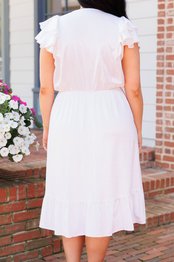 Chic Soul plus size clothing, white midi dress with a cinched waistline and ruffle sleeves