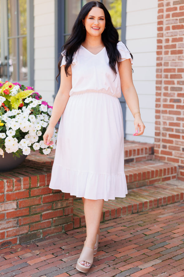 Chic Soul plus size clothing, white midi dress with a cinched waistline and ruffle sleeves