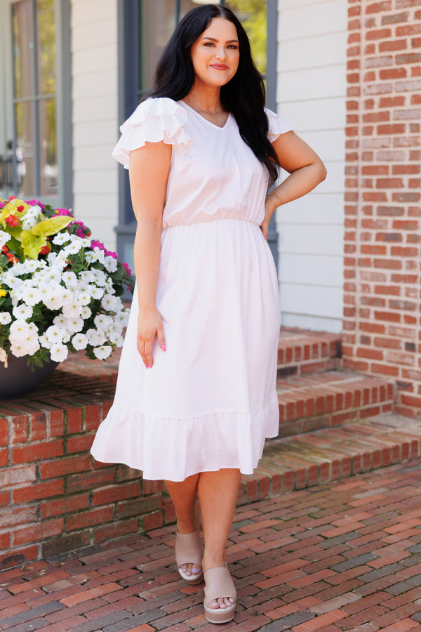 Chic Soul plus size clothing, white midi dress with a cinched waistline and ruffle sleeves
