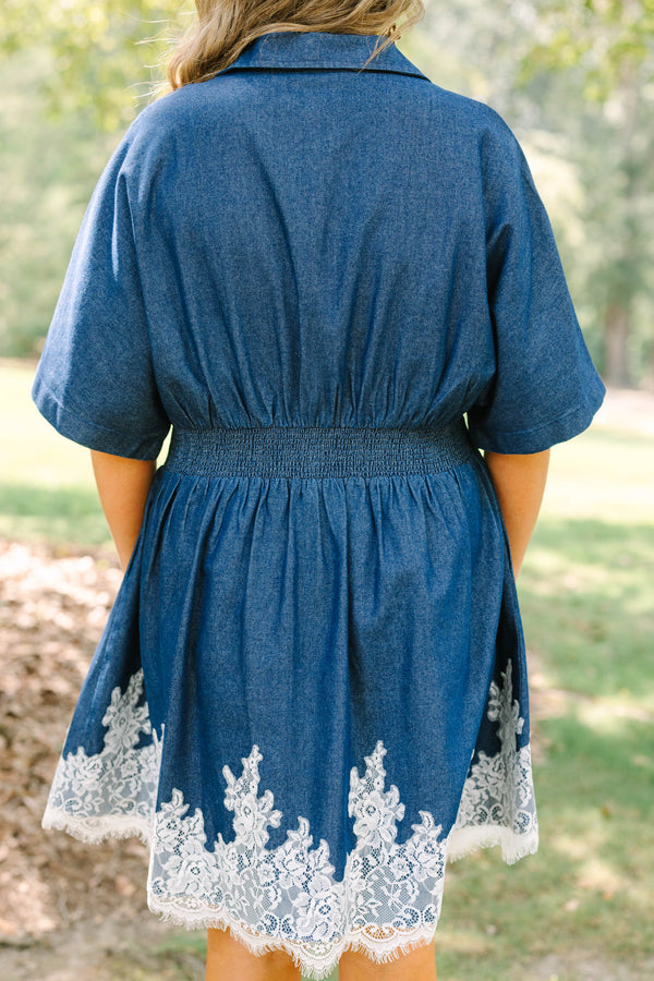 Plus Size dark denim button-down dress with short sleeves, a collared neck, and white lace hem.