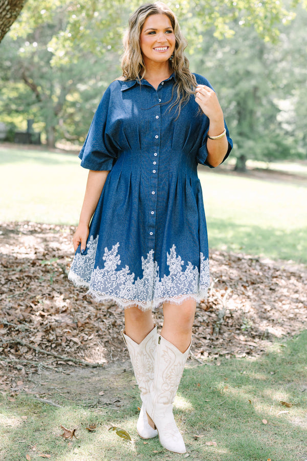 Plus Size dark denim button-down dress with short sleeves, a collared neck, and white lace hem.