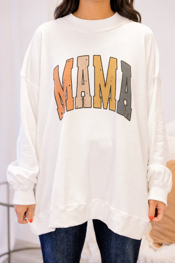 Chic Soul plus size clothing, off white long sleeve mock neck pullover with “Mama” written in fall colored varsity script