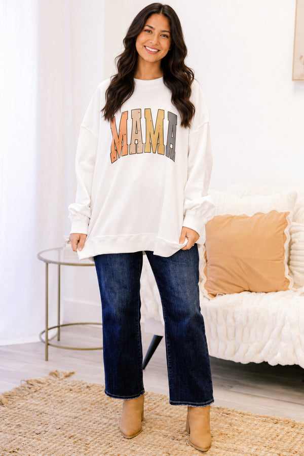 Chic Soul plus size clothing, off white long sleeve mock neck pullover with “Mama” written in fall colored varsity script