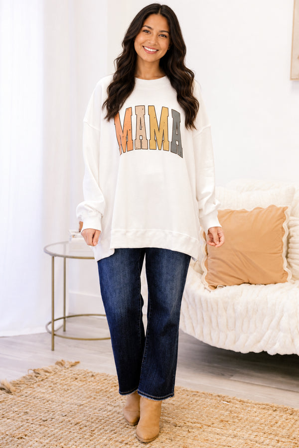 Chic Soul plus size clothing, off white long sleeve mock neck pullover with “Mama” written in fall colored varsity script