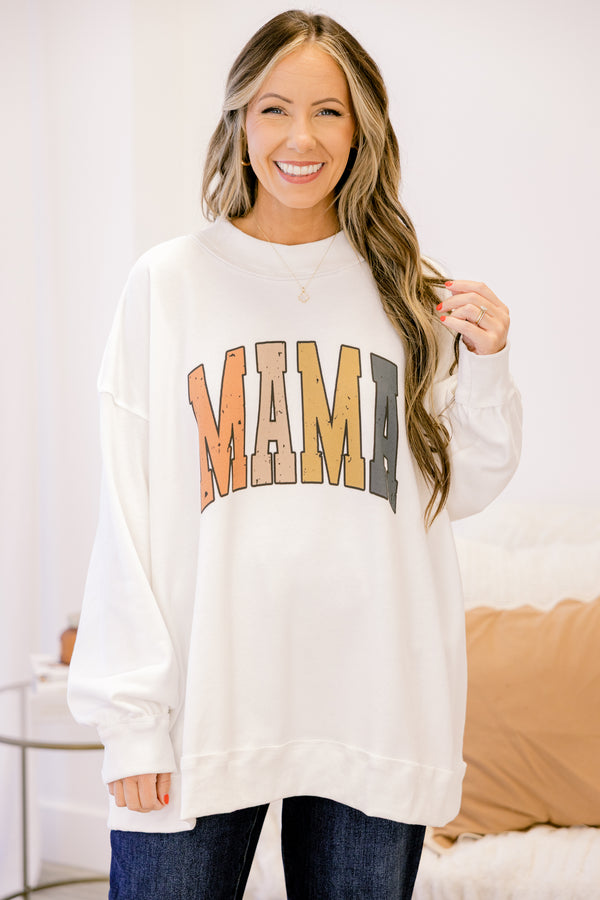 Chic Soul plus size clothing, off white long sleeve mock neck pullover with “Mama” written in fall colored varsity script